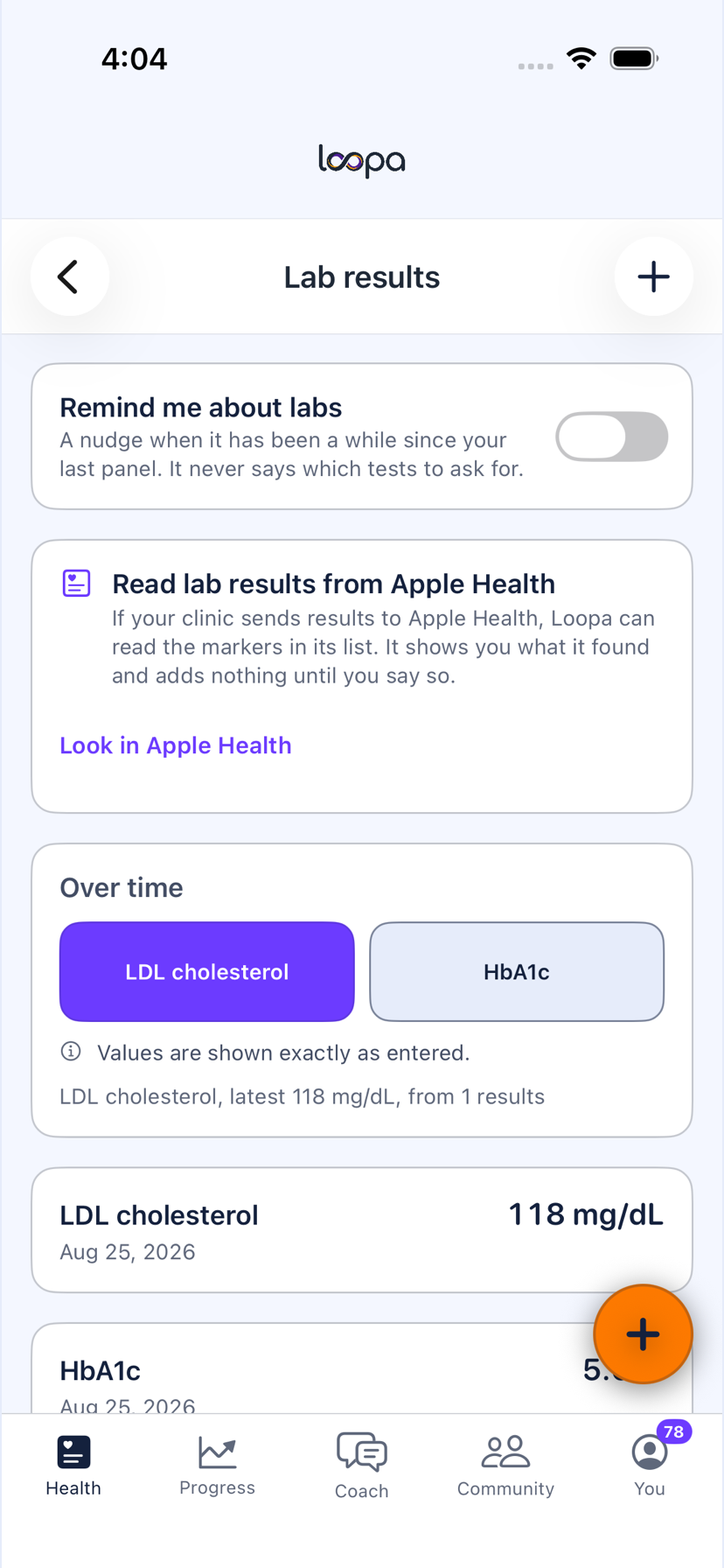 The Lab results screen on iPhone: per-marker trends, with values shown exactly as entered
