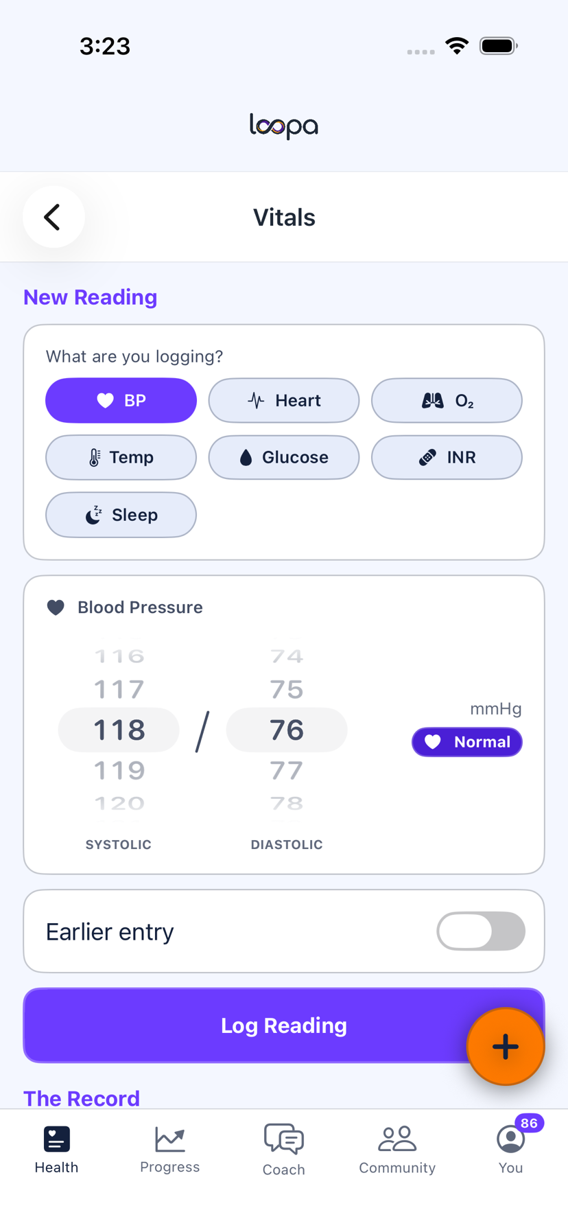 Loopa on iPhone: a blood pressure reading logged in seconds