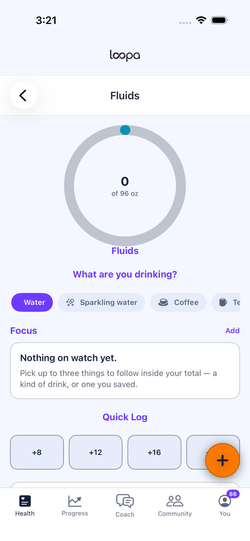 Loopa on iPhone: logging a drink in one tap