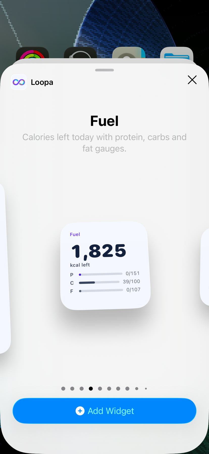 Loopa in the iPhone widget gallery, with the Fuel widget showing 1,825 calories left and protein, carb and fat gauges