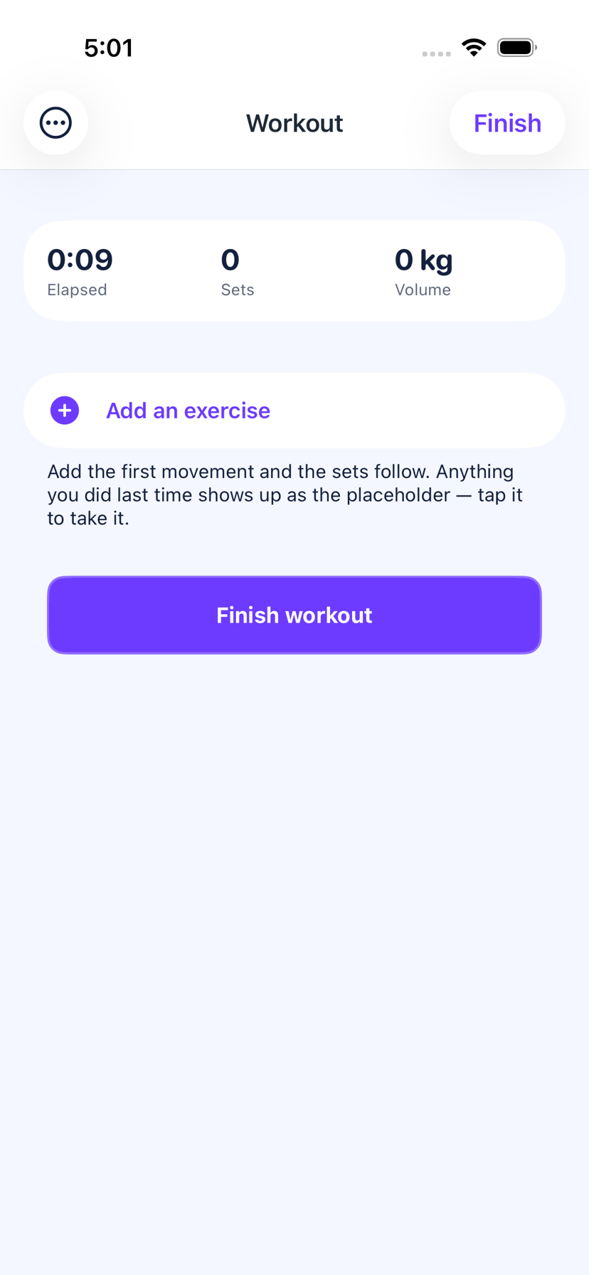 The Loopa workout logger on iPhone, showing sets with reps, weight and RPE being entered during a session