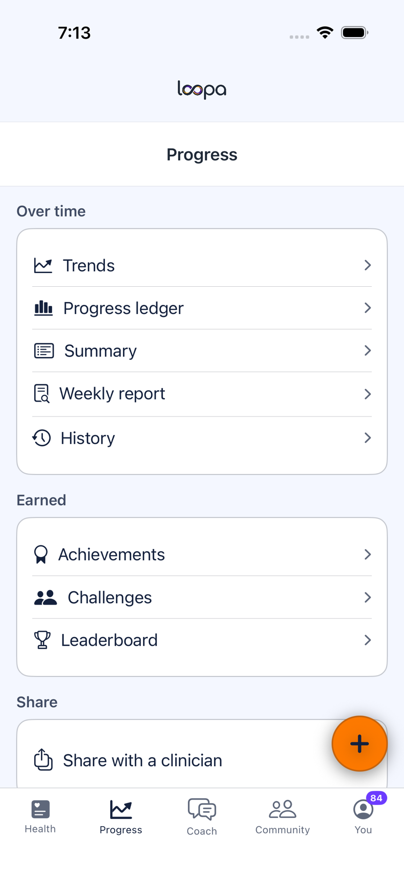 A client's own Workouts screen in Loopa on iPhone, showing volume by muscle group and recent sessions with their sets, tonnage, duration and a trophy for a session that set a record
