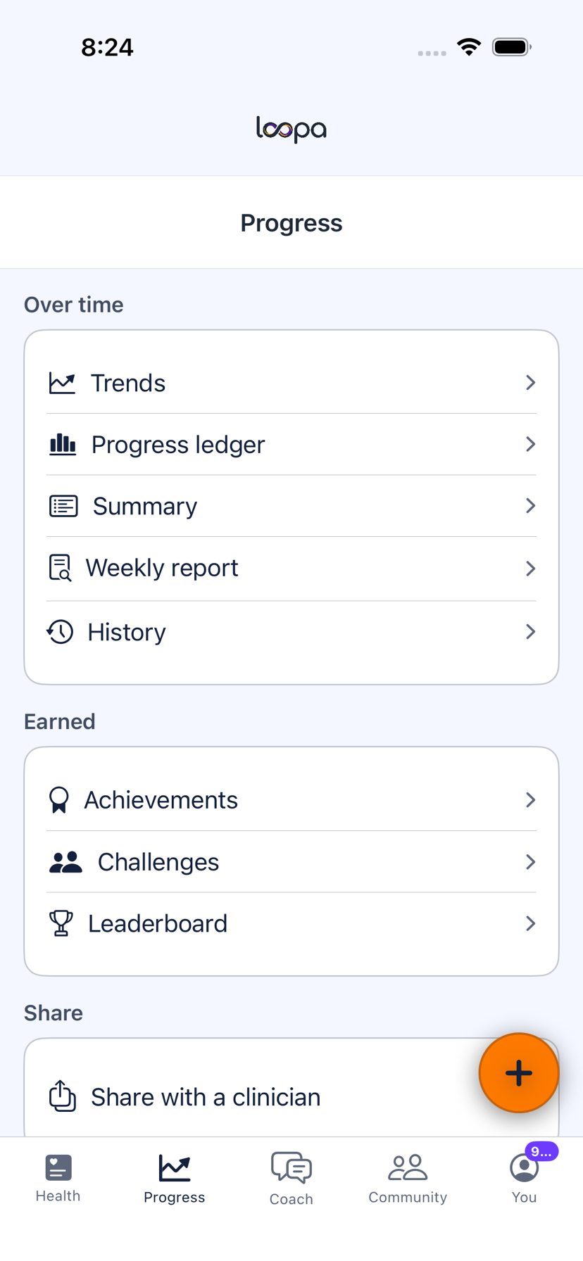The Loopa training analytics screen on iPhone showing volume over time