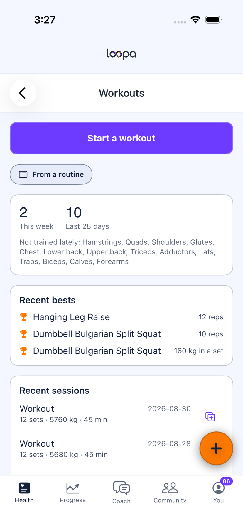 The Loopa workouts hub on iPhone, showing sessions this week and over 28 days, muscle groups not trained lately, recent bests and volume by muscle group